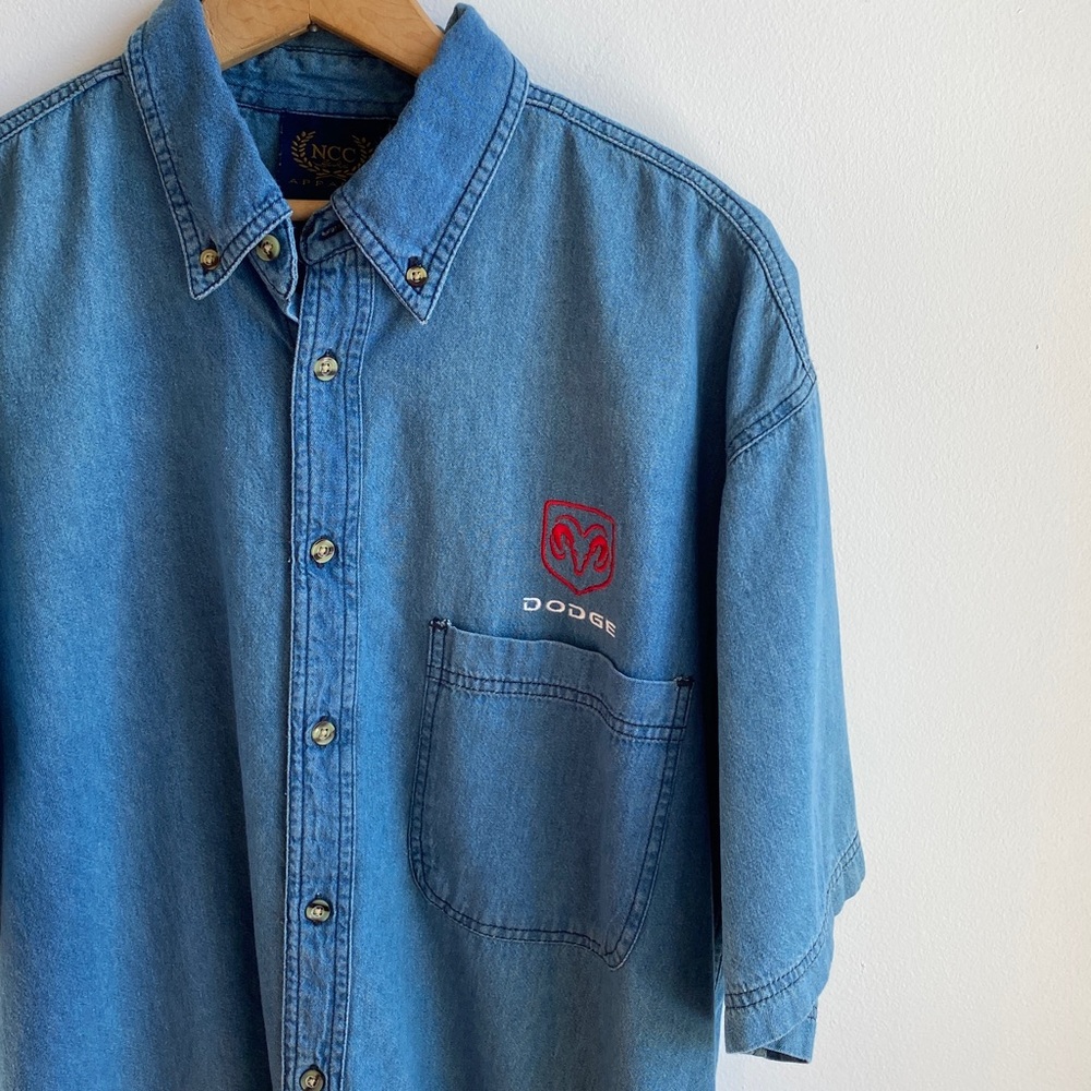 Dodge Ram Embroidered Short Sleeve Cotton Button Down Shirt Pocket